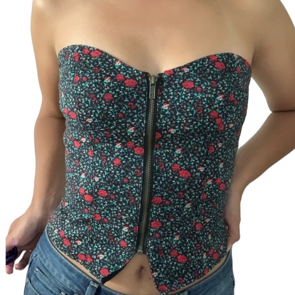 Urban Outfitters Red & Green Floral Front Zip Tuxedo Bustier Strapless Tank Top - Picture 12 of 15